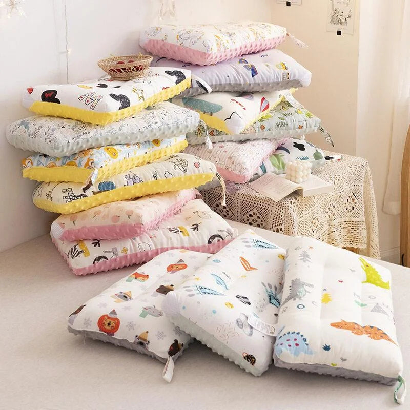 Soft Baby Pillow with Adorable Cartoon Print, Cotton and Microfiber Filling, Gentle Fabric, All-Season Comfort Soothing Cushion