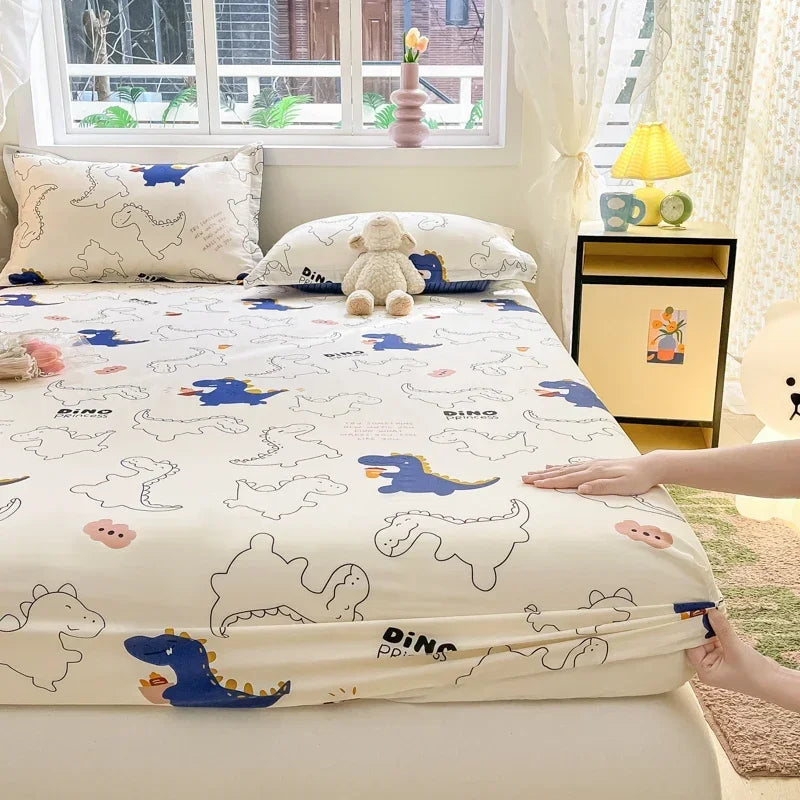 100%Cotton Bed Sheet on Elastic Cute Dinosaur Printed Mattress Cover for Kids Cartoon Pure Cotton Bed Linen (without pillowcase)