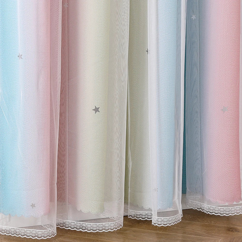 Rainbow Hollow-Out Star Blackout Curtains for Girl Kid Nursery Bedroom and Living Room Double Layer Window Cute Grommet Curtains