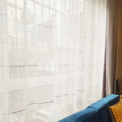 Modern white hollow striped curtain yarn for living room curtains balcony bay window bedroom gauze blinds curtain Custom size