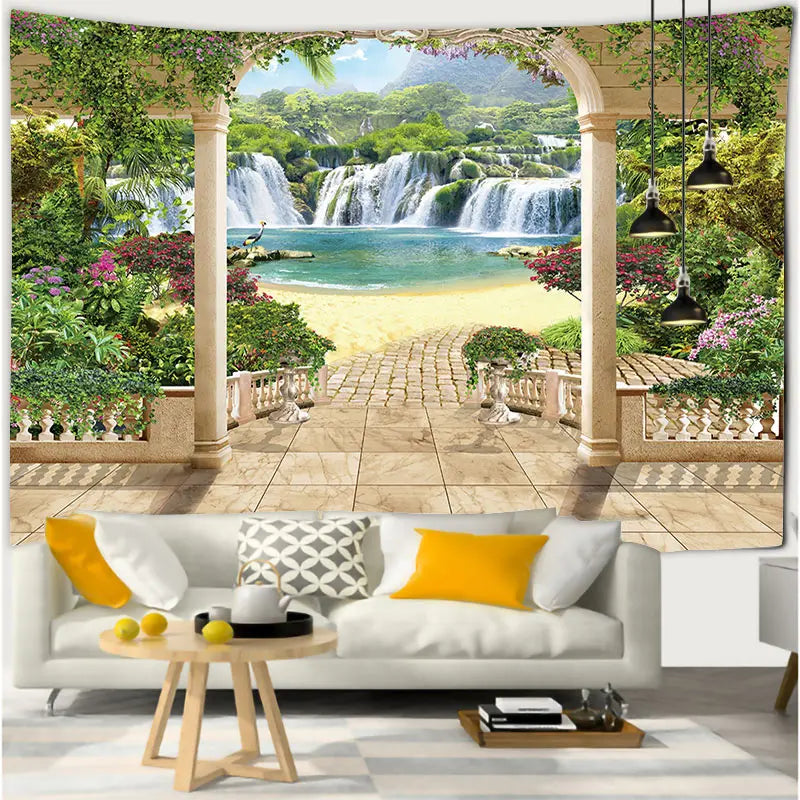 VIKAMA Summer Window View Tapestry Cherry Blossom Sea Idyllic Pastoral Tropical Beach Living Room Room Decoration