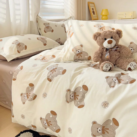 Cute Bear Duvet Cover Set for Teens, 3-Pieces Set 100%Cotton Comforter Cover with Pillow Shams, Soft Comfortable Kids Bedding