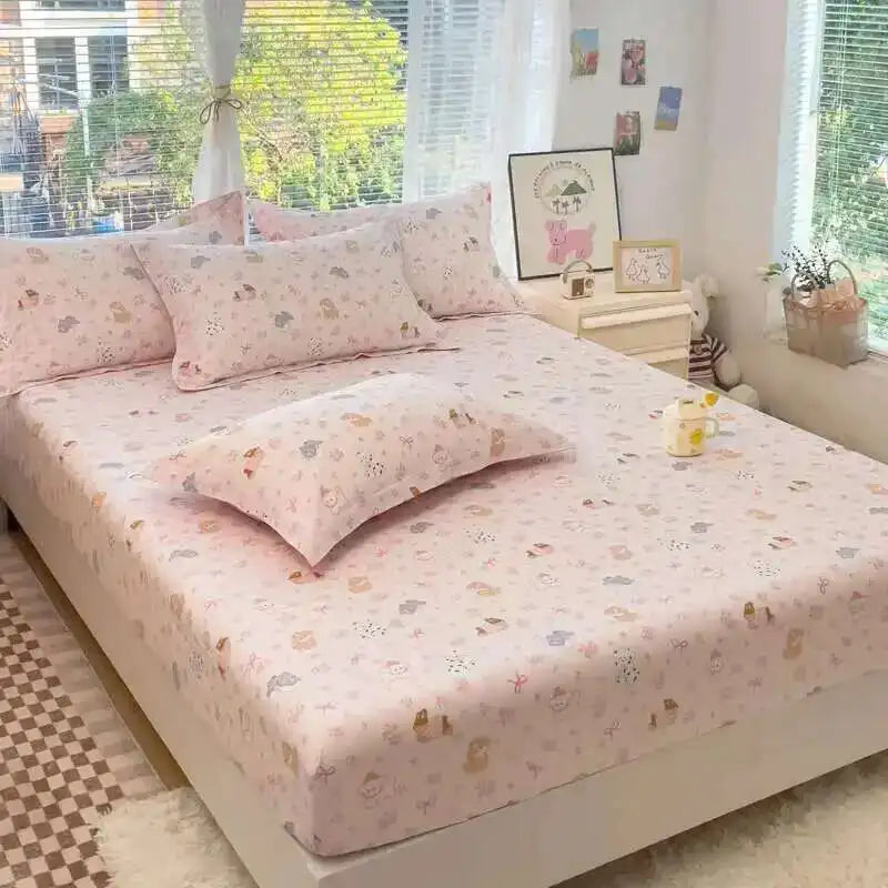 100% Cotton Kids Fitted Sheet - Pink Cartoon Print Single Size, Soft Bed Sheet Mattress Cover (No Pillowcase)