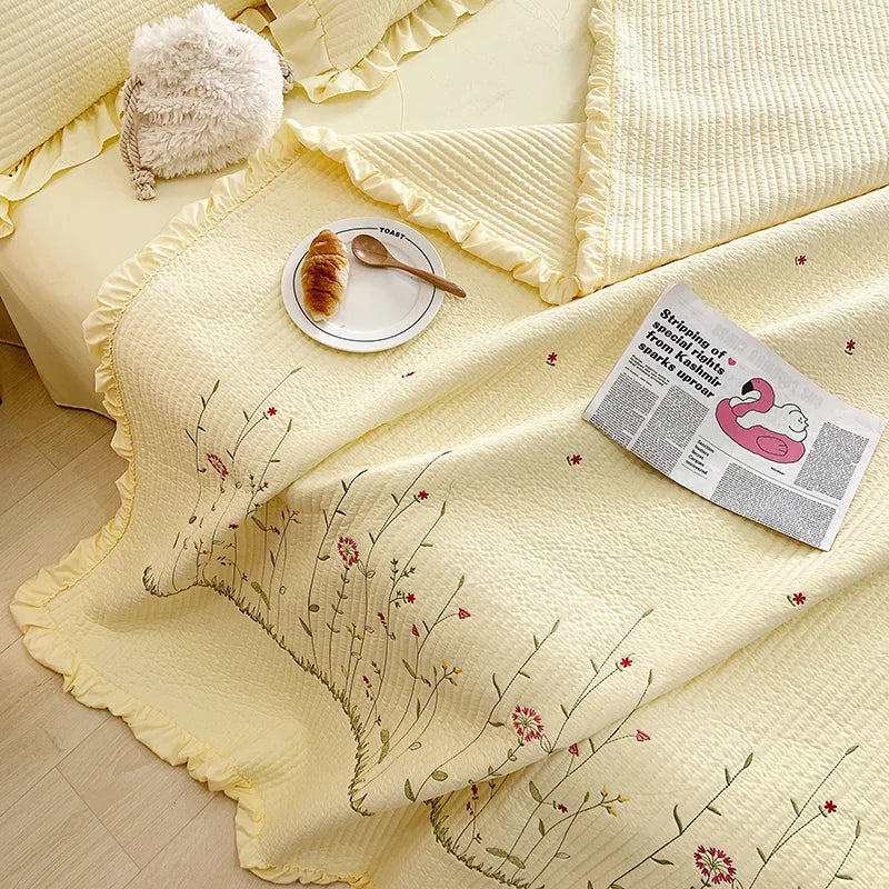 Fresh Flower Embroidered Summer Blanket 4/3/1 Pcs Ruffled Quilted Summer Quilt Set Machine Washable Lightweight Comforter Duvet
