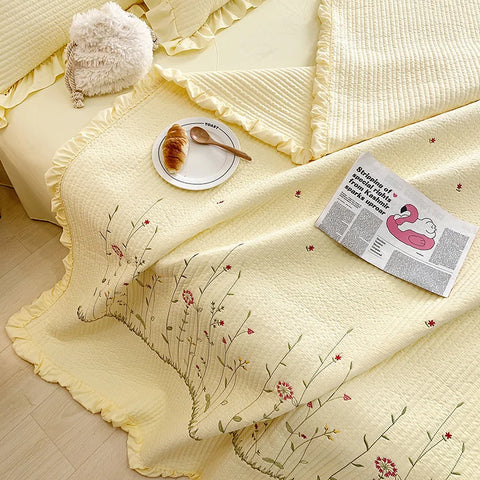 Fresh Flower Embroidered Summer Blanket 4/3/1 Pcs Ruffled Quilted Summer Quilt Set Machine Washable Lightweight Comforter Duvet