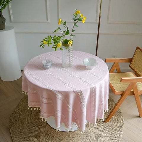 Solid Embroidery Round Tablecloth with Tassels Dust-Proof Table Cover for Kitchen Living Room Dinning Party Tabletop Decorations