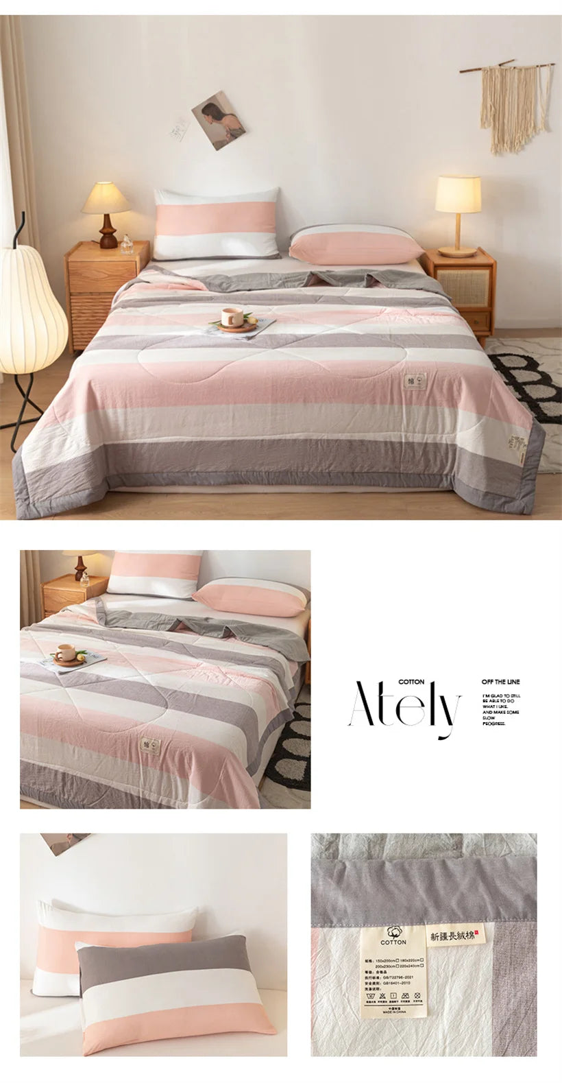 Ins Style Summer Quilt with 100% Cotton Filling Lightweight Skin-friendly Pure Cotton Quilt Plaid Style Thin Comforter Bed Duvet