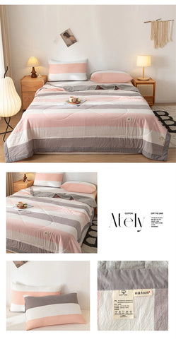 Ins Style Summer Quilt with 100% Cotton Filling Lightweight Skin-friendly Pure Cotton Quilt Plaid Style Thin Comforter Bed Duvet