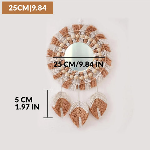 Macrame Hanging Wall Mirror, Boho Fringe Round Handmade Decorative Acrylic Mirror for Apartment Living Room Bedroom Home Decor
