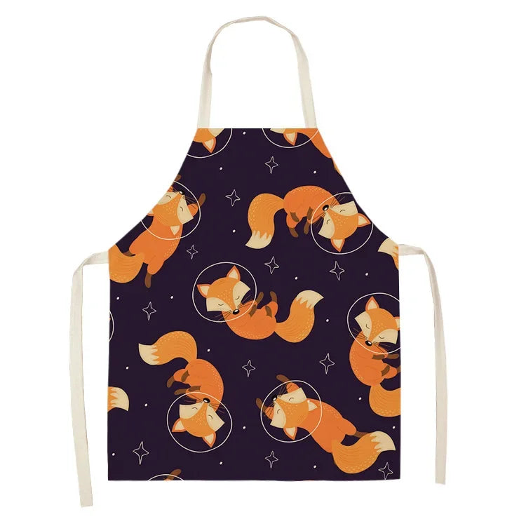 1Pcs Cute Fox Cat Pattern Apron Women Men Kids Waterproof Cooking Oil-proof Kitchen Cooking Bib Aprons Cotton Linen Home Textile
