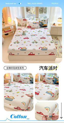 1pc 100%Cotton Bed Sheet for Kids Cartoon Style Car Printed Fitted Sheet with Elastic Band for Boys Pure Cotton Single Bed Cover