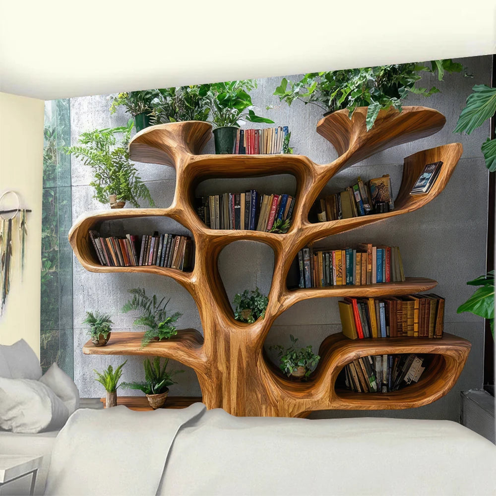 Tree Shaped Bookshelf with Artificial Green Plants Tapestry Wall Decoration Autumn & Christmas Decor For Reading Nooks Backdrops