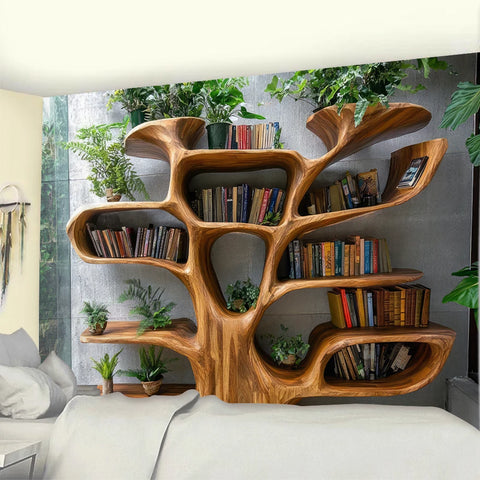 Tree Shaped Bookshelf with Artificial Green Plants Tapestry Wall Decoration Autumn & Christmas Decor For Reading Nooks Backdrops
