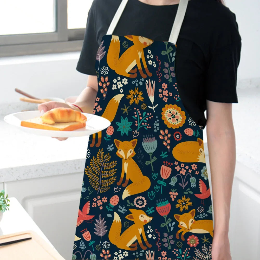 1Pcs Cute Fox Cat Pattern Apron Women Men Kids Waterproof Cooking Oil-proof Kitchen Cooking Bib Aprons Cotton Linen Home Textile
