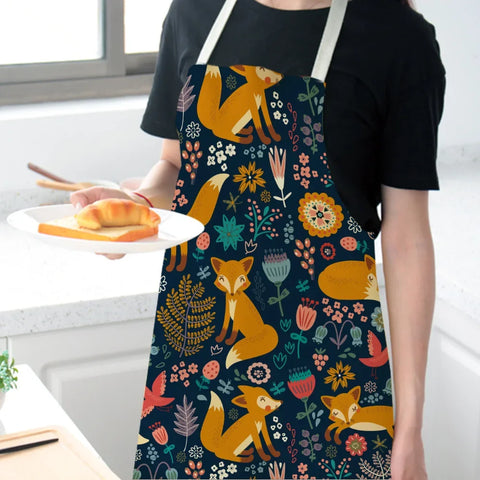1Pcs Cute Fox Cat Pattern Apron Women Men Kids Waterproof Cooking Oil-proof Kitchen Cooking Bib Aprons Cotton Linen Home Textile