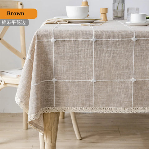 Grey Large Square Embroidery Tassel Tablecloth,Cotton Linen Dust-Proof Checkered Table Cover,for Kitchen Dinning Tabletop Decor