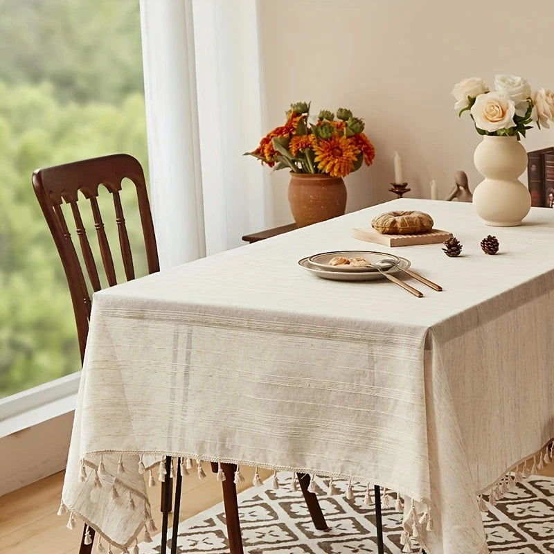 Linen Striped Fringe Kitchen Tablecloth, Wedding Tablecloth, Holiday Table Decoration Tablecloth, Outdoor Picnic Tablecloth