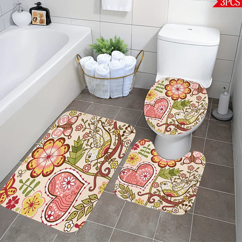 3pcs Set Floral and Heart Pattern Bath Mat Set | Polyester Bathroom Rugs with Soft Surface, Non-Slip, Spring Festival Decor, Inc