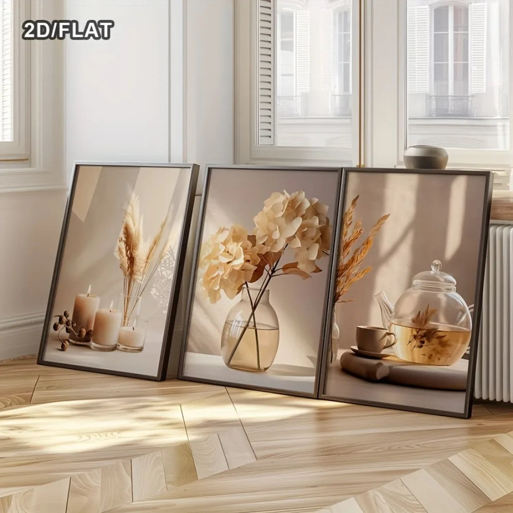 2d Plat,frameless,a Set of 3 Simple Beige Floral Modern Wall Art Prints,cream Hydrangea Plant Canvas Posters,floral Wall Decor