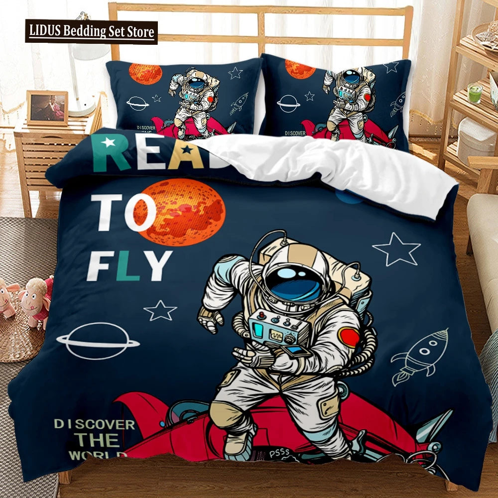 Astronaut Duvet Cover Set Space Bedding Set 3D For Kid Boy Girl Teen Sky Galaxy Themed Polyester Comforter Cover Queen King Size