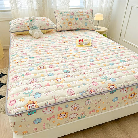 Adorable Quilted Washed Cotton Fitted Mattress Cover - Super Cute Girl's Design, Hypoallergenic