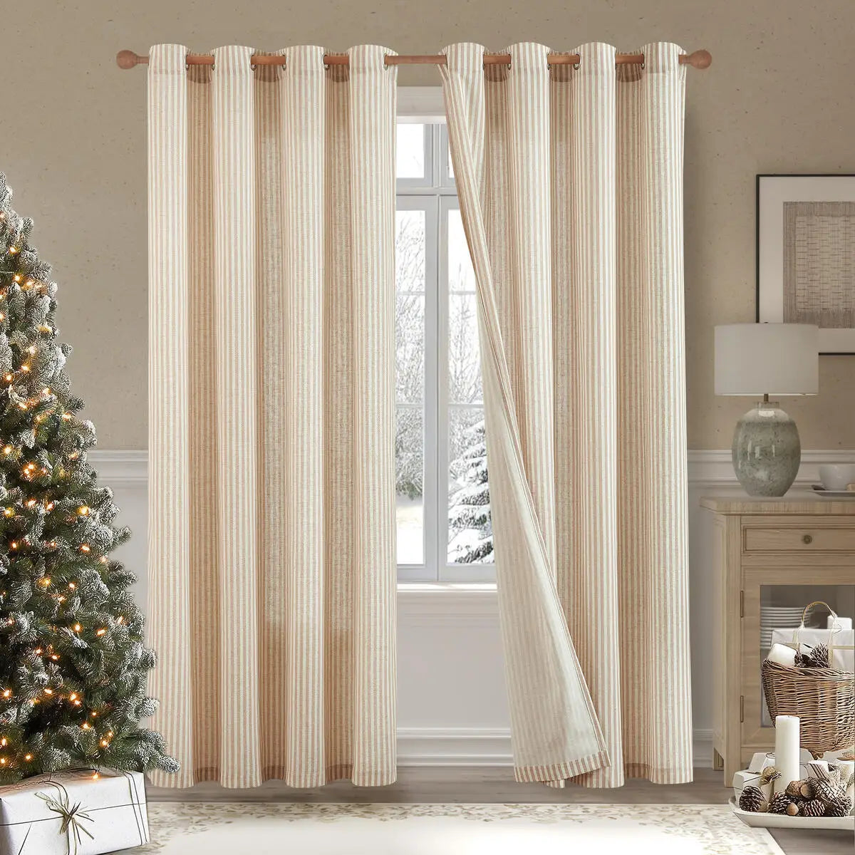 JINCHAN 2PCS Linen Curtains For Living Room Bedroom Ticking Striped Window Treatment Light Filtering Drapes Grommet Top Curtain