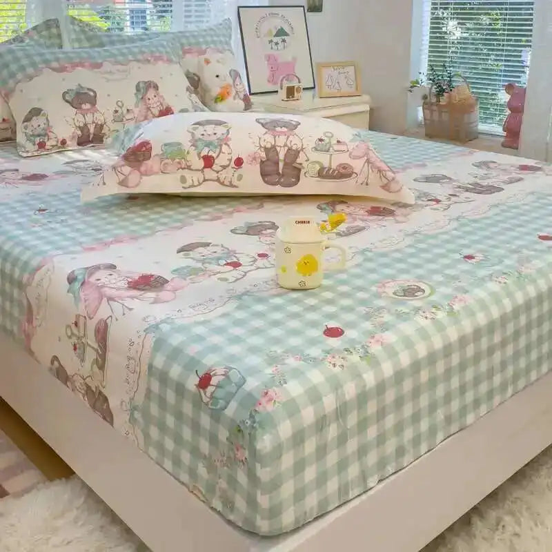 100% Cotton Kids Fitted Sheet - Pink Cartoon Print Single Size, Soft Bed Sheet Mattress Cover (No Pillowcase)
