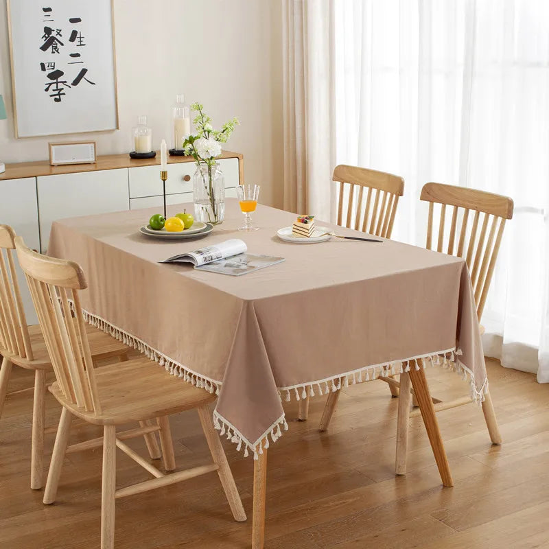 White Cotton Rectangle Tablecloth Fabric Tassel Farmhouse Washable Table Cover for Kitchen Living Room Dinning Picnic Decoration