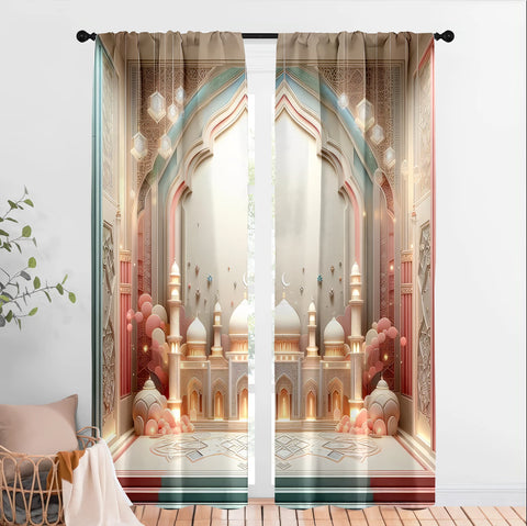2PCS Soft Islamic Architectural Decoration Curtains, Elegant Style, Living Room and Bedroom, Drawbar Pocket Decoration