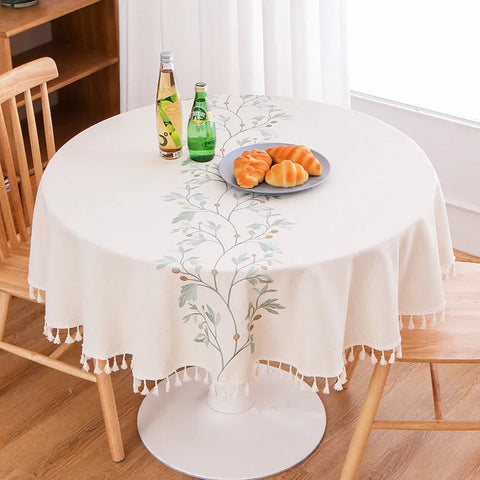 Solid Embroidery Round Tablecloth with Tassels Dust-Proof Table Cover for Kitchen Living Room Dinning Party Tabletop Decorations