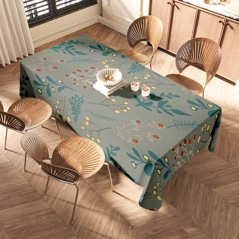 Elegant Floral Tablecloth, Green Yellow Leaves Print, Round Dining Cover 4 Seater Set for Kitchen Decoration Home Textiles on Al