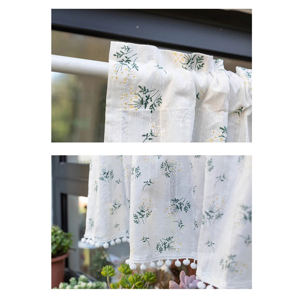 Korean Daisy Curtains Road Pocket Shade Curtain Floral Tassel for Kitchen Bedroom Living Room Bay Window Cabinet Curtain