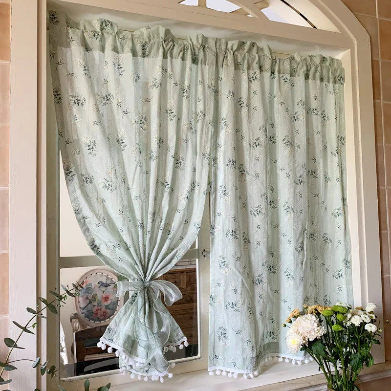 Korean Daisy Curtains Road Pocket Shade Curtain Floral Tassel for Kitchen Bedroom Living Room Bay Window Cabinet Curtain