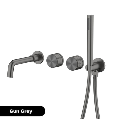 Luxury brass brushed gold wall mounted bathroom faucet with embedded dual handle hot and cold water 2 function bathtub mixer