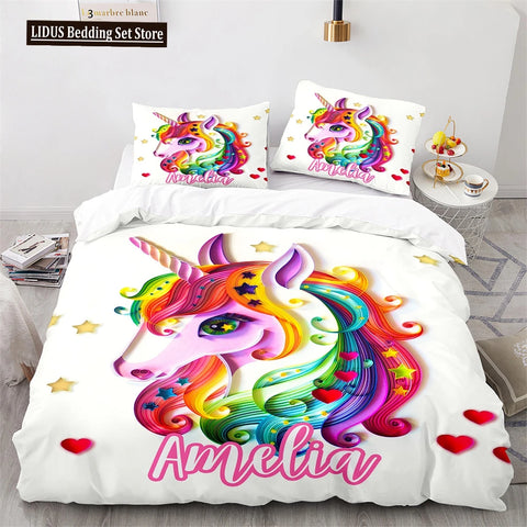 Unicorn Rainbow Duvet Cover Set King Twin Full Size Kids Boy Girl Bedding Set Colourful Cartoon Child Polyester Comforter Cover