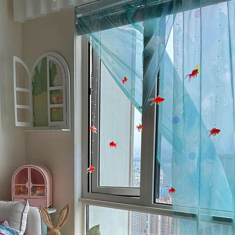 Blue Tulle Curtains DIY Red Fish Hanging Pendant Curtains Decoration Livingroom Partition Curtains Window Curtains for Bedroom