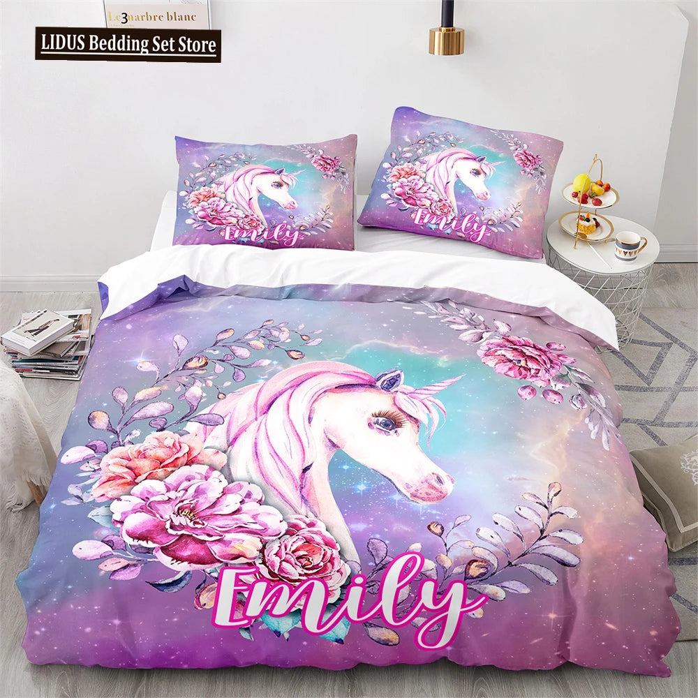 Unicorn Rainbow Duvet Cover Set King Twin Full Size Kids Boy Girl Bedding Set Colourful Cartoon Child Polyester Comforter Cover