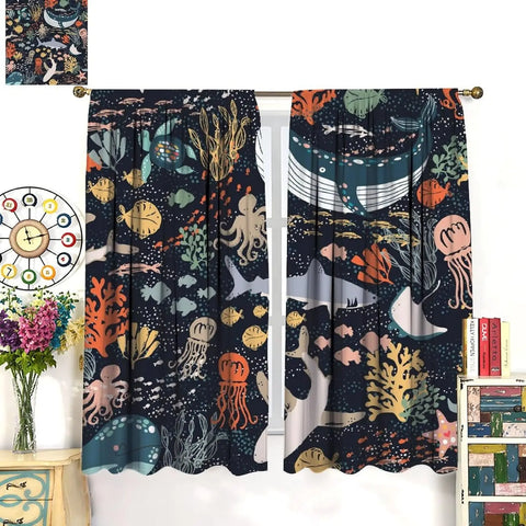 Kids Sea Animal Curtains Boys Girls Bedroom Nursery Decor Funny Turtle Whale Ocean Colorful Art Printed Blackout Window Drapes