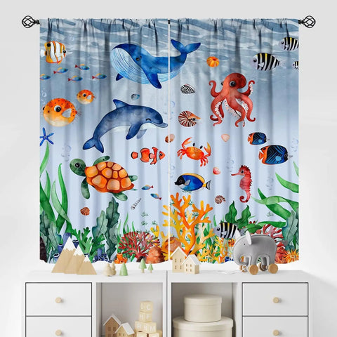 Kids Sea Animal Curtains Boys Girls Bedroom Nursery Decor Funny Turtle Whale Ocean Colorful Art Printed Blackout Window Drapes