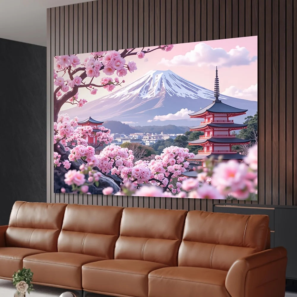 1 Piece Japanese Cherry Blossom & Fuji Mountain Tapestry - Polyester Material, Ideal for Living Room & Bedroom Decoration