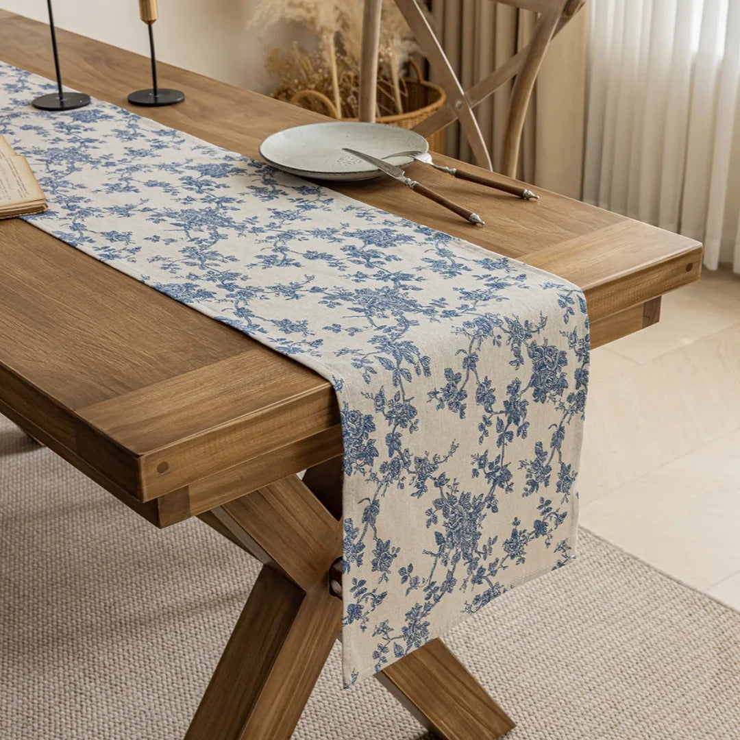 Cotton Linen Blue Printed Floral Table Runner With Tassel Circular Placemats for Wedding Party Dinning Table Decor