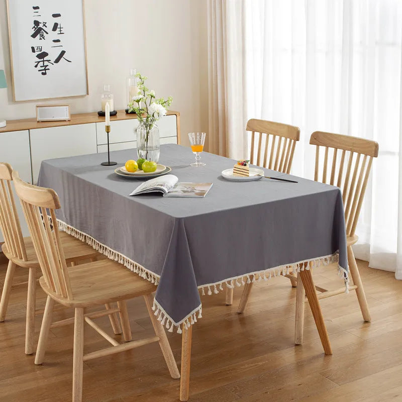 White Cotton Rectangle Tablecloth Fabric Tassel Farmhouse Washable Table Cover for Kitchen Living Room Dinning Picnic Decoration
