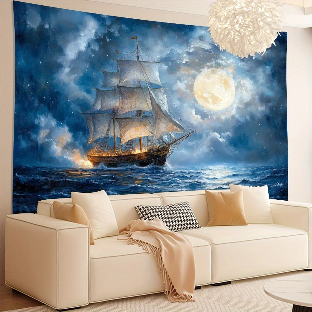 Nautical Sailboat Tapestry - Versatile Polyester Wall Hanging for Living Room, Bedroom, Office & Party Decor - Ideal Creative Gi