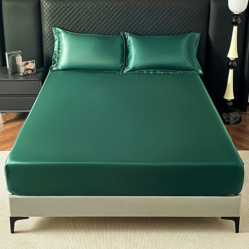 New Imitation Silk Satin Bed Sheet Set with Elastic Band Soft Silky Queen Fitted Sheet Mattress Cover King Size Bedsheet Sets