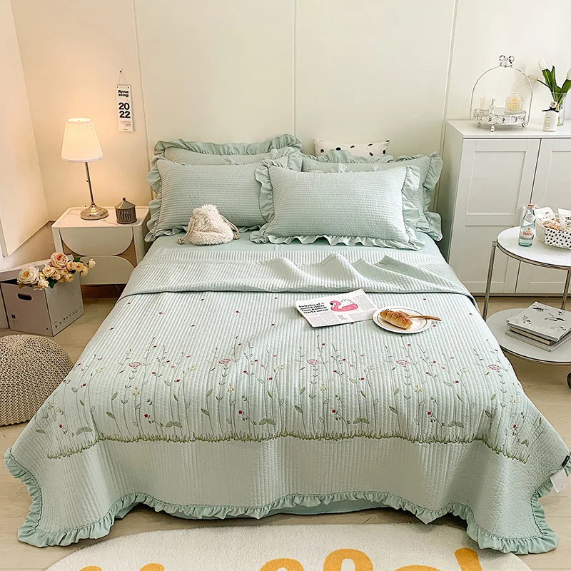 Fresh Flower Embroidered Summer Blanket 4/3/1 Pcs Ruffled Quilted Summer Quilt Set Machine Washable Lightweight Comforter Duvet
