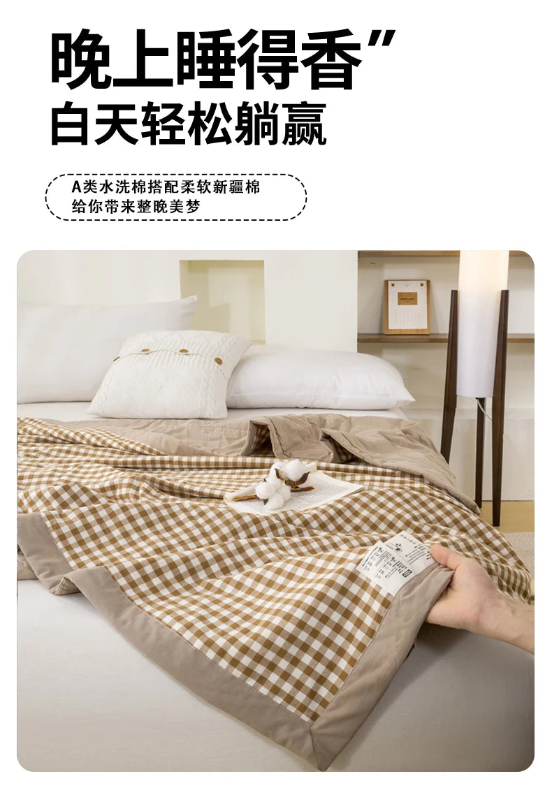 Japanese-style Plaid Summer Blanket 100% Cotton Skin Friendly Quilted Queen Quilt 220*240 Breathable King Size Duvet Comforter