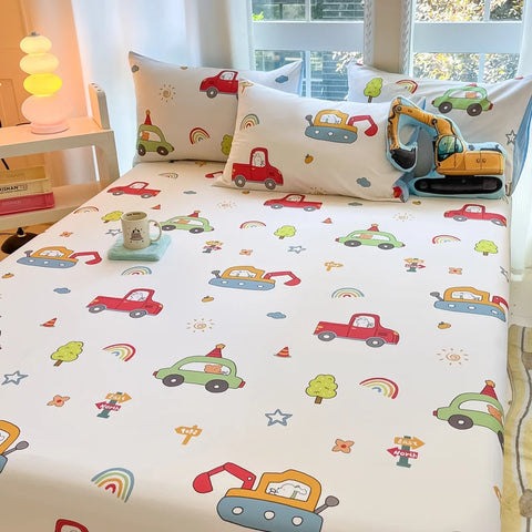 1pc 100%Cotton Bed Sheet for Kids Cartoon Style Car Printed Fitted Sheet with Elastic Band for Boys Pure Cotton Single Bed Cover