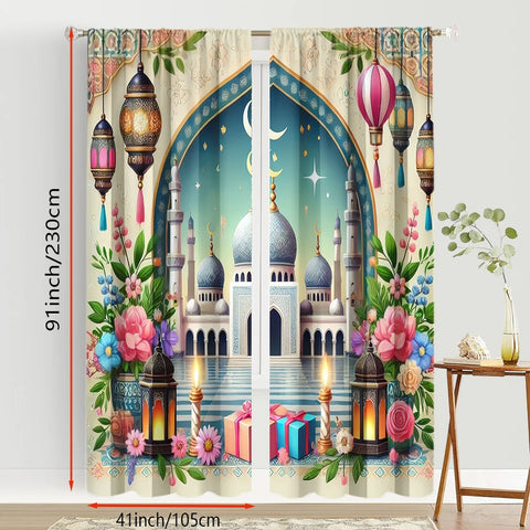 2PCS fresh painted Islamic festival curtains, healing style, bedroom and living room, decorative curtains with drawbar pockets