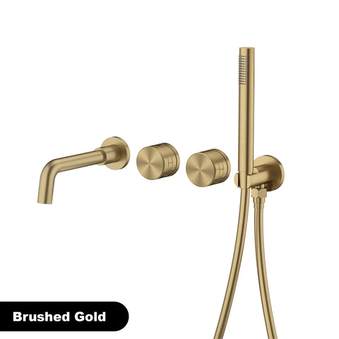 Luxury brass brushed gold wall mounted bathroom faucet with embedded dual handle hot and cold water 2 function bathtub mixer