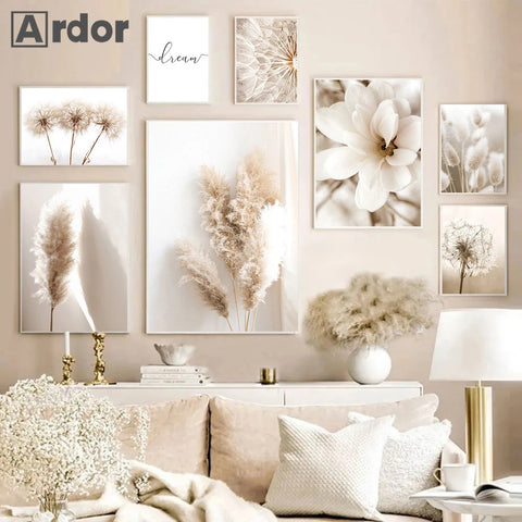Nordic Beige Dandelion Painting Poster Reed Canvas Art Print Flower Posters Bunny Tail Grass Wall Art Picture Living Room Decor